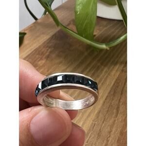 925 Silver Size‎ 7.5 Princess Cut Navy Band Eternity Ring Modernist Minimalist
